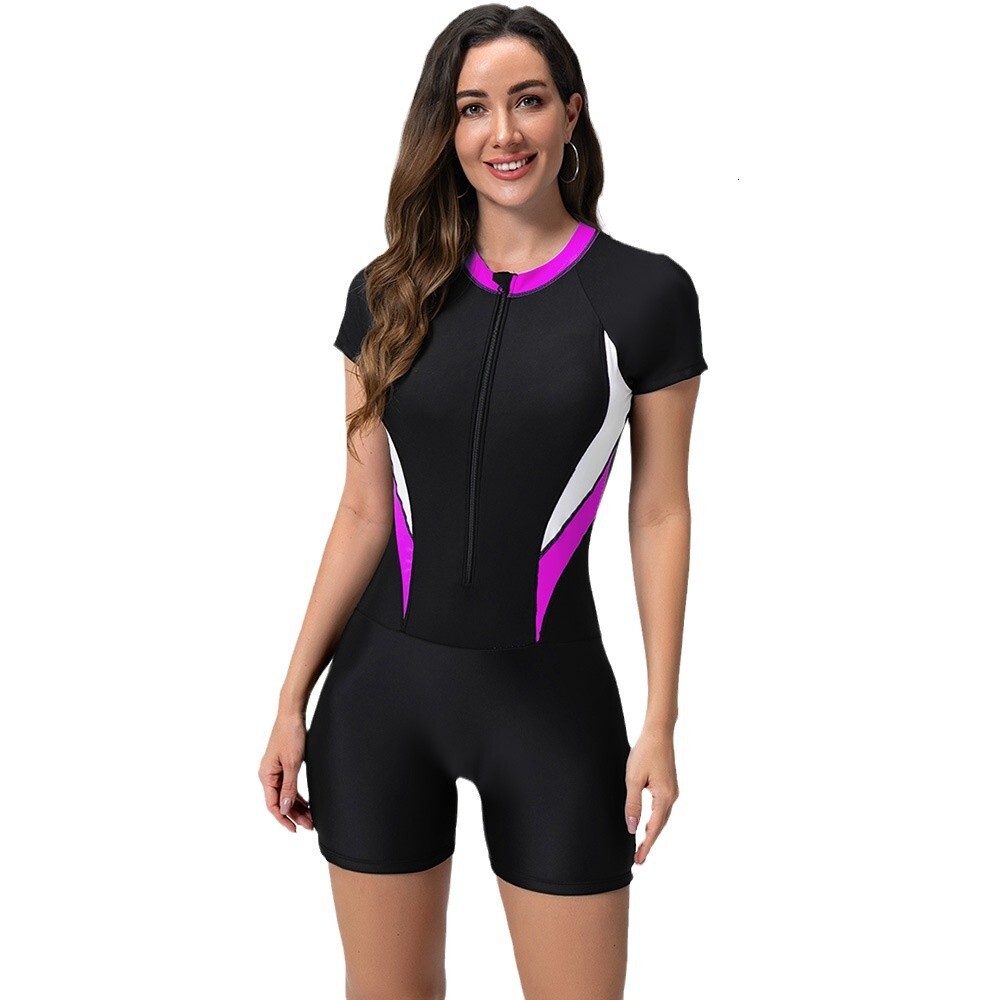 Swimsuit, hot spring women's conservative color blocked multi colored flat angle pants, snorkeling surfing suit, Huludao one-piece swimsuit