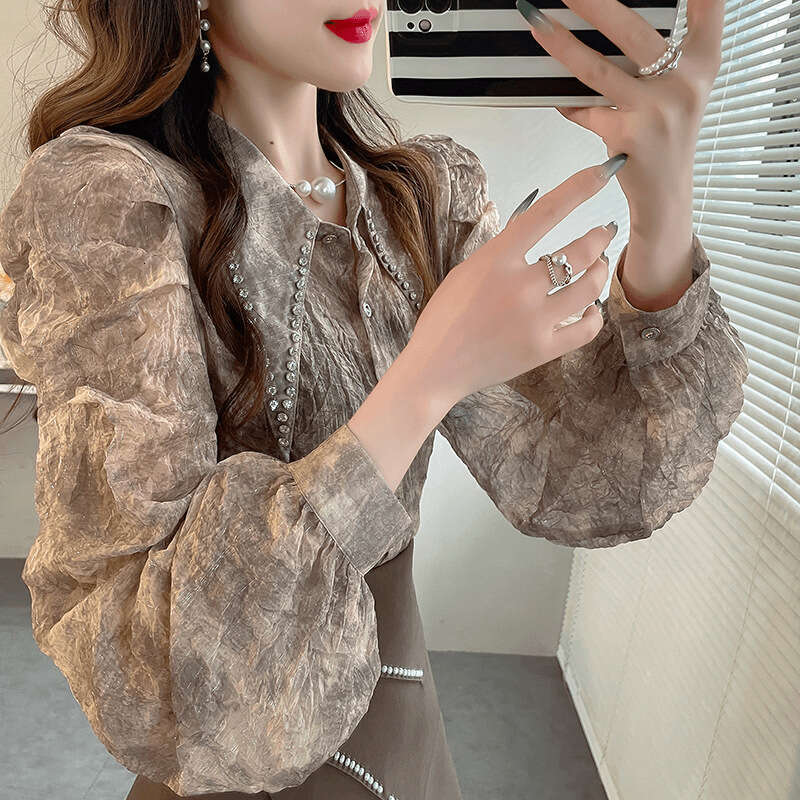 Studded Shiny Silk Chiffon Blouse New Women's Light Luxury Bubble Sleeve Shirt Fairy-like Flowing Top Autumn