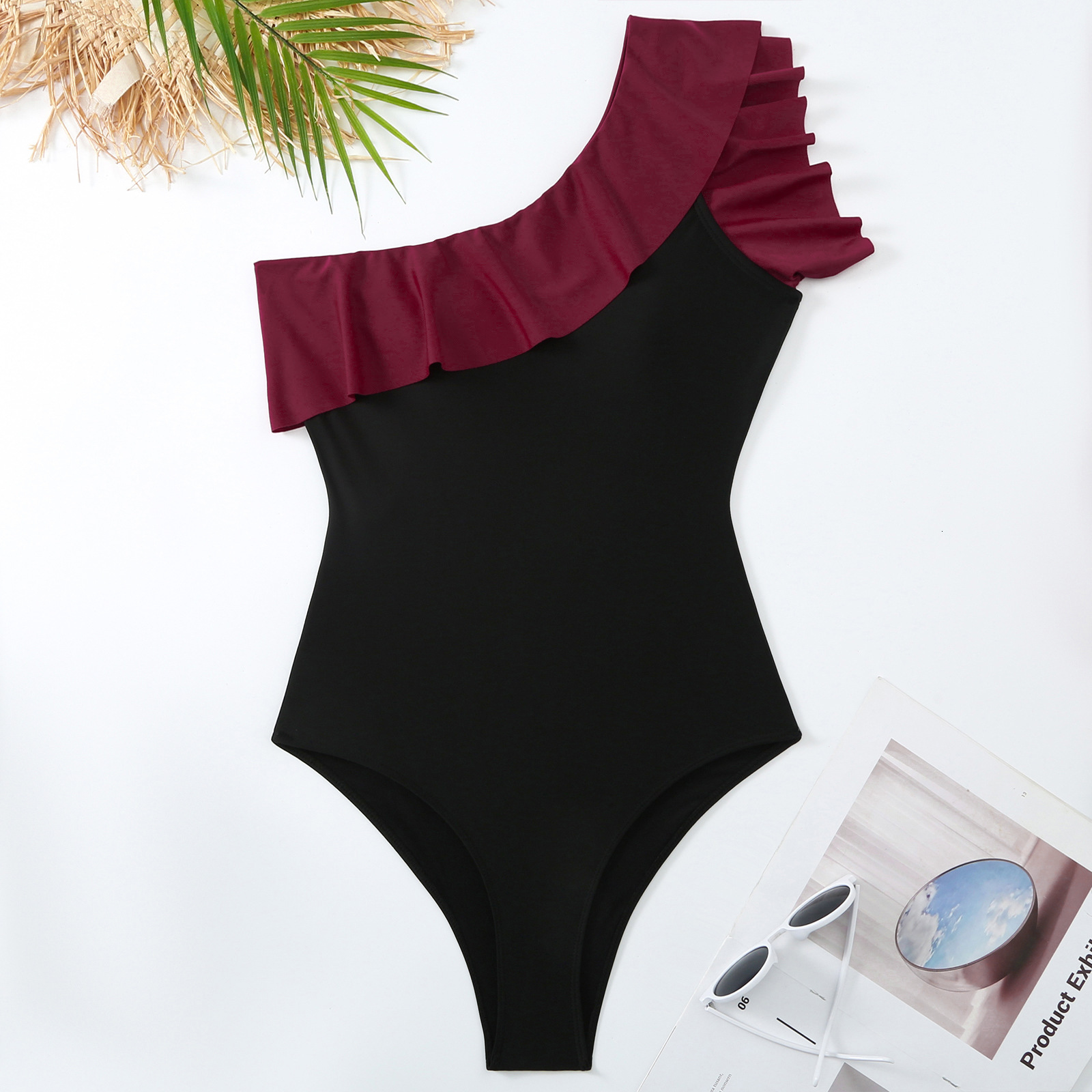 2025 Bohemian Wind Lotus Leaf Edge Single Shoulder jumpsuit, wrapped skirt, beach vacation set, swimsuit for women