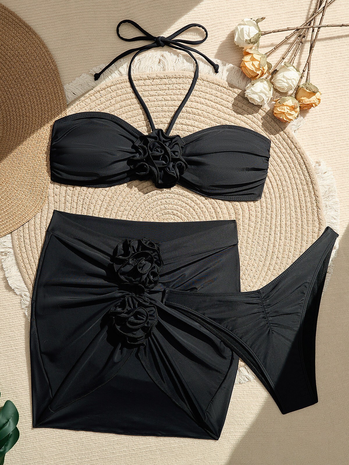 2025 New Solid Color Bikini Female Sexy Hanging Neck Split Swimsuit Three Piece Set