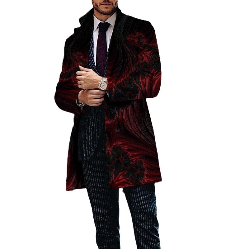 Autumn and winter new mens casual printed woolen medium long coat mens woolen coat