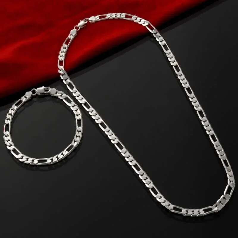 Sterg Sier 4MM 16-30 Inches Man Figaro Chain Bracelet Necklace For Woman Fashion Couple Christmas Gift Jewelry Set 2pcs