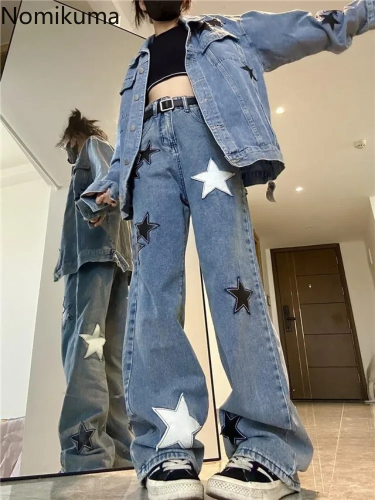 Star High Waisted Jeans Bottoms Streetwear Y2k Wide Leg Pants for Women Casual Chic y Denim Pantalon Femme Z260313
