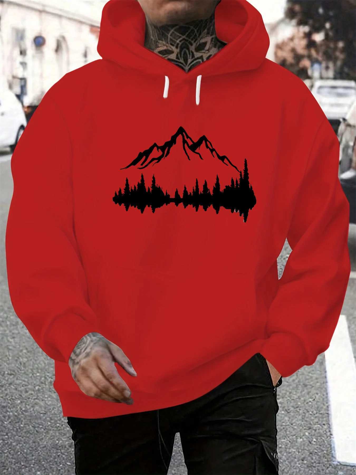 Mens autumn and winter casual fashionable loose hooded sweatshirt with mountain pattern printed long sleeved warm pullover W251106