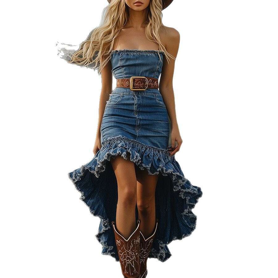 European And American Retro Fashion Strapless Short Front Long Back Ruffle Mid-Length Denim Dress B5