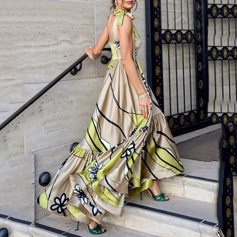 2025 Spring/summer New Printed Bareback Strap Printed Irregular Bohemian Womens Dress for Women