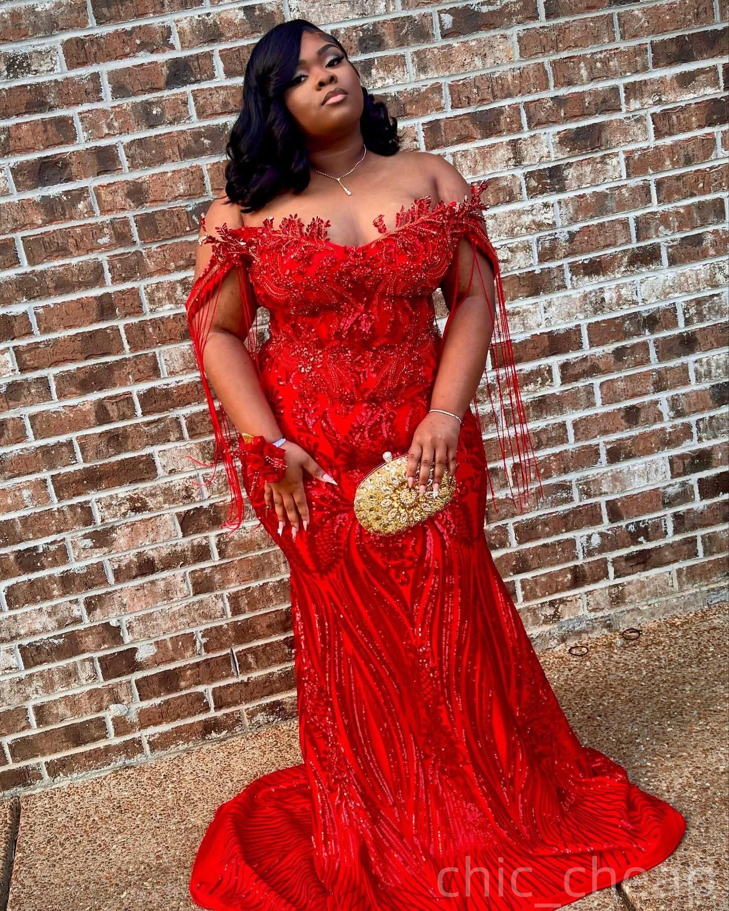 Red Mermaid Prom Dresses 2026 Tassels Crystals Sweetheart Sequined Evening Formal Party Second Birthday Engagement Gowns Plus Size Dress For Special O