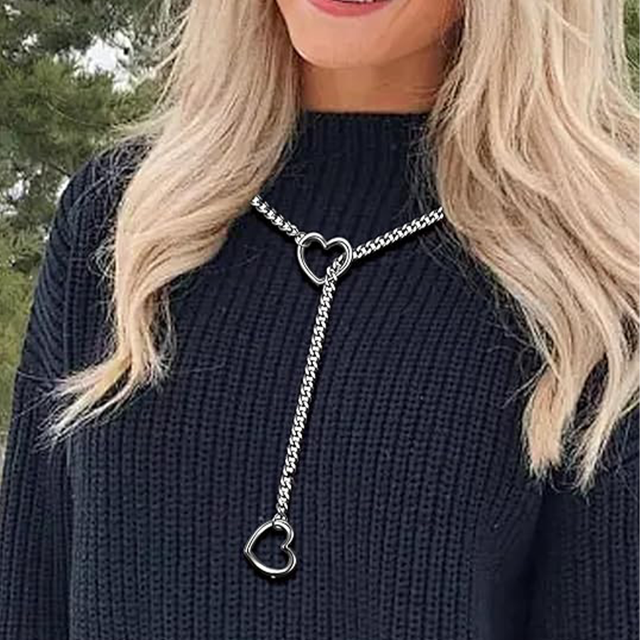 Heart Slip Chain Necklace for Women Men Stainless Steel Adjustable O-Ring Lariat Cuban Collar Choker Necklace Jewelry Punk Rock Gothic Y-Necklace Red 