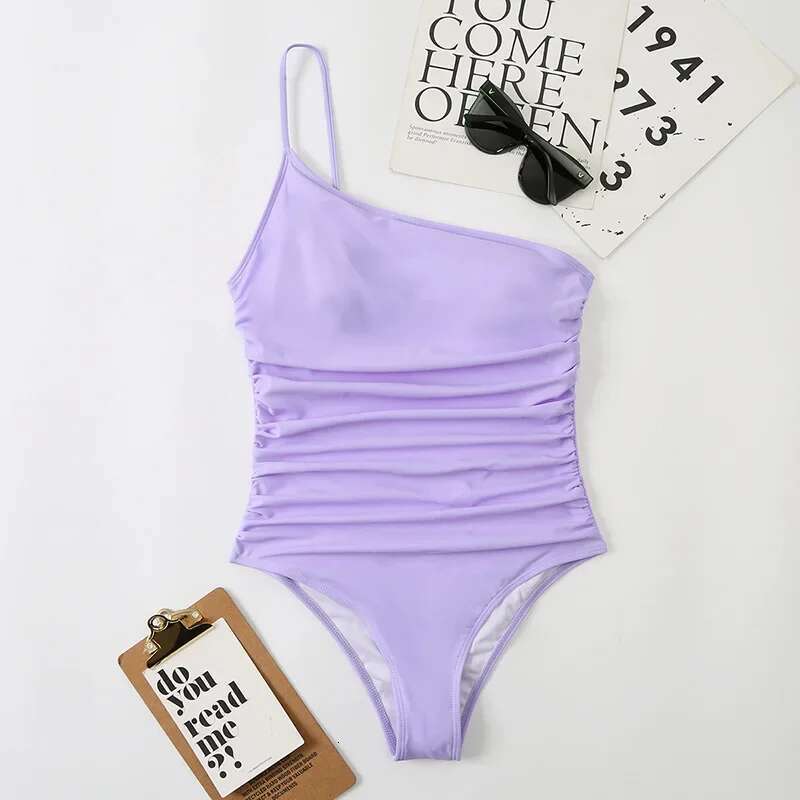 2024 Sexy Shoulder One Piece Swimsuit 2022 Women Solid Black Neon Green Push Up Padded Bathing Suit Pleate Swimwear Monokini