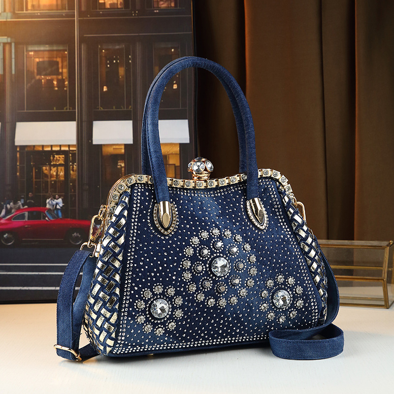 Fashionable Commuting Denim Diamond Inlaid Large Capacity Women's Trendy Single Shoulder Crossbody Bag, Clip Bag