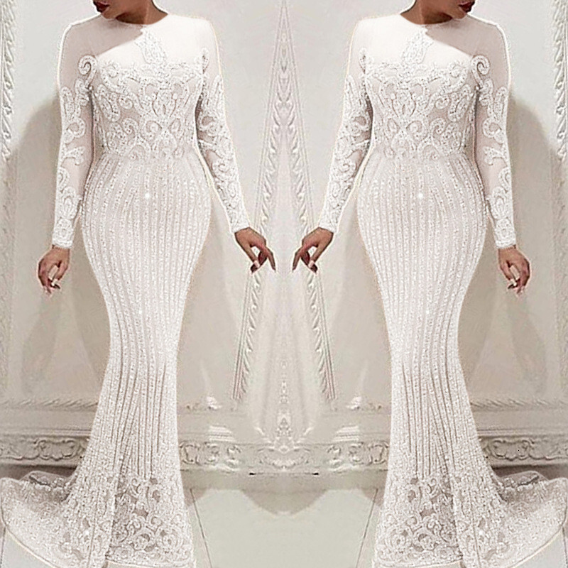 2025 Spring and Autumn New Womens Sexy Gold Sprinkle Long Sleeve Dress Ball Tail Solid Color Evening Dress