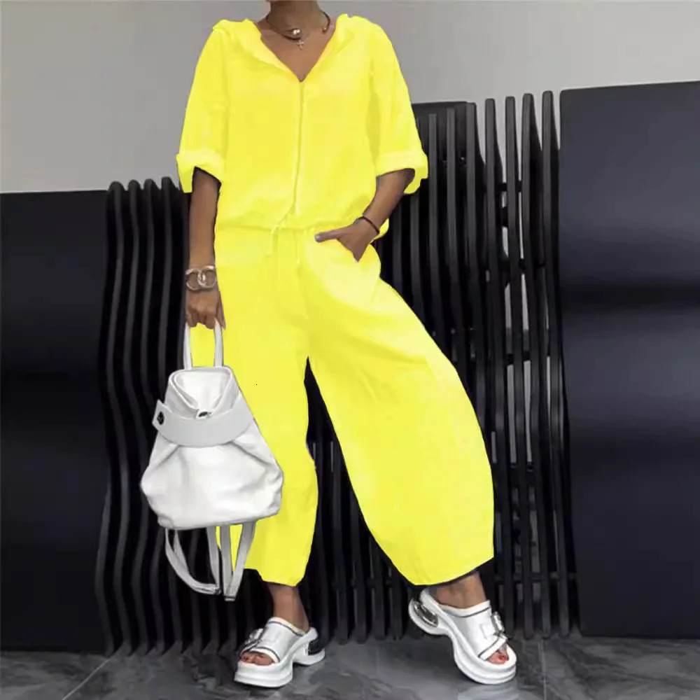 Womens casual sports suit fashionable solid hooded sweatshirt zipper wide leg pants twopiece set womens spring and summer 250403