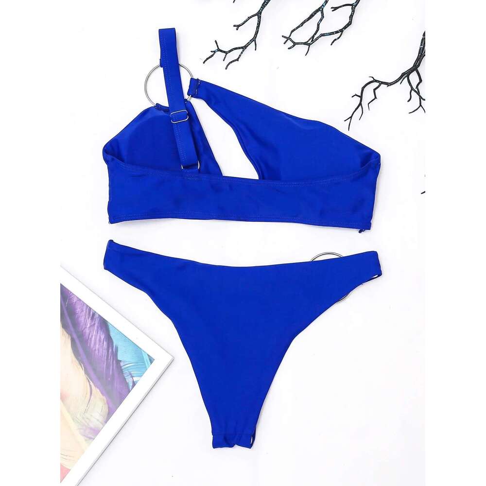 2025 New Blue 2-piece Swimsuit for Women,sexy One Shoulder Hollow Out Ring Bikini,Brazilian Summer Beach Bathing Suit Swimwear