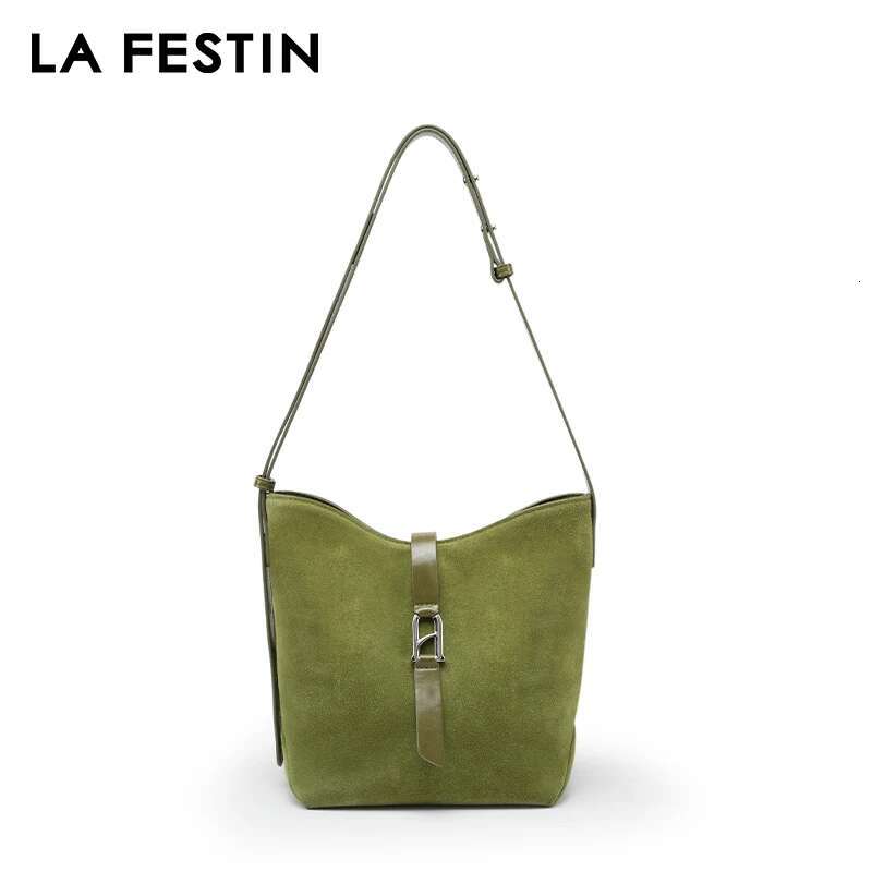 LA FESTIN Original Brand Shoulder 2025 New Suede Handbag Women Fashion Bucket Green Leather Bag