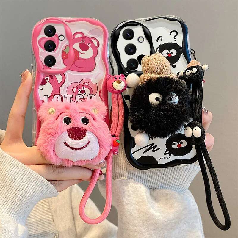 3D Cartoon Kitty Bear Fur Phone Case For Samsung Galaxy A52S A32 A12 A13 A23 A33 A53 A14 A15 A24 A34 A54 Wavy Toy Strap Cover