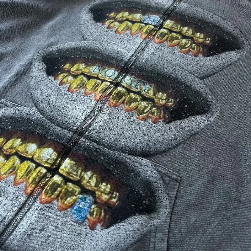 Y2K Zipper Retro Hoodie 2000s Printed Pattern Harajuku Hip Hop Street Clothing Casual Sports Shirt Gothic Fashion Top 250403