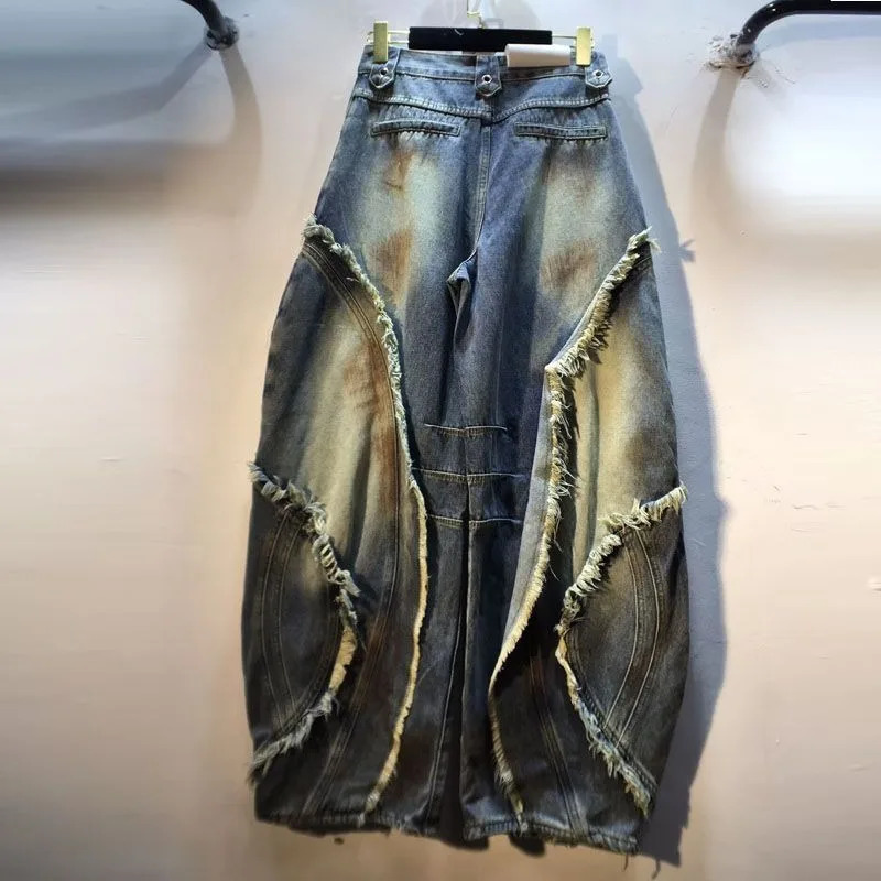 American Fashion High Waist Slim Stitching Raw Edge Patch Painted Machete Wideleg Jeans Women Y2K Harajuku Hip Hop Z260313