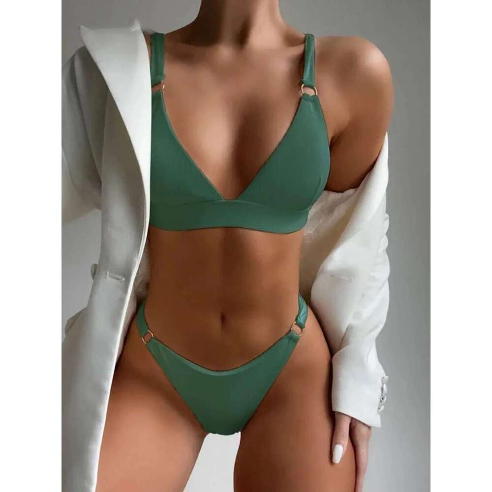 2025 Solid Color 2-piece Swimsuit Women,Classic Basic Style,3-point Bikini,V-neck Suspender Backless Swimwear,summer Beachwear