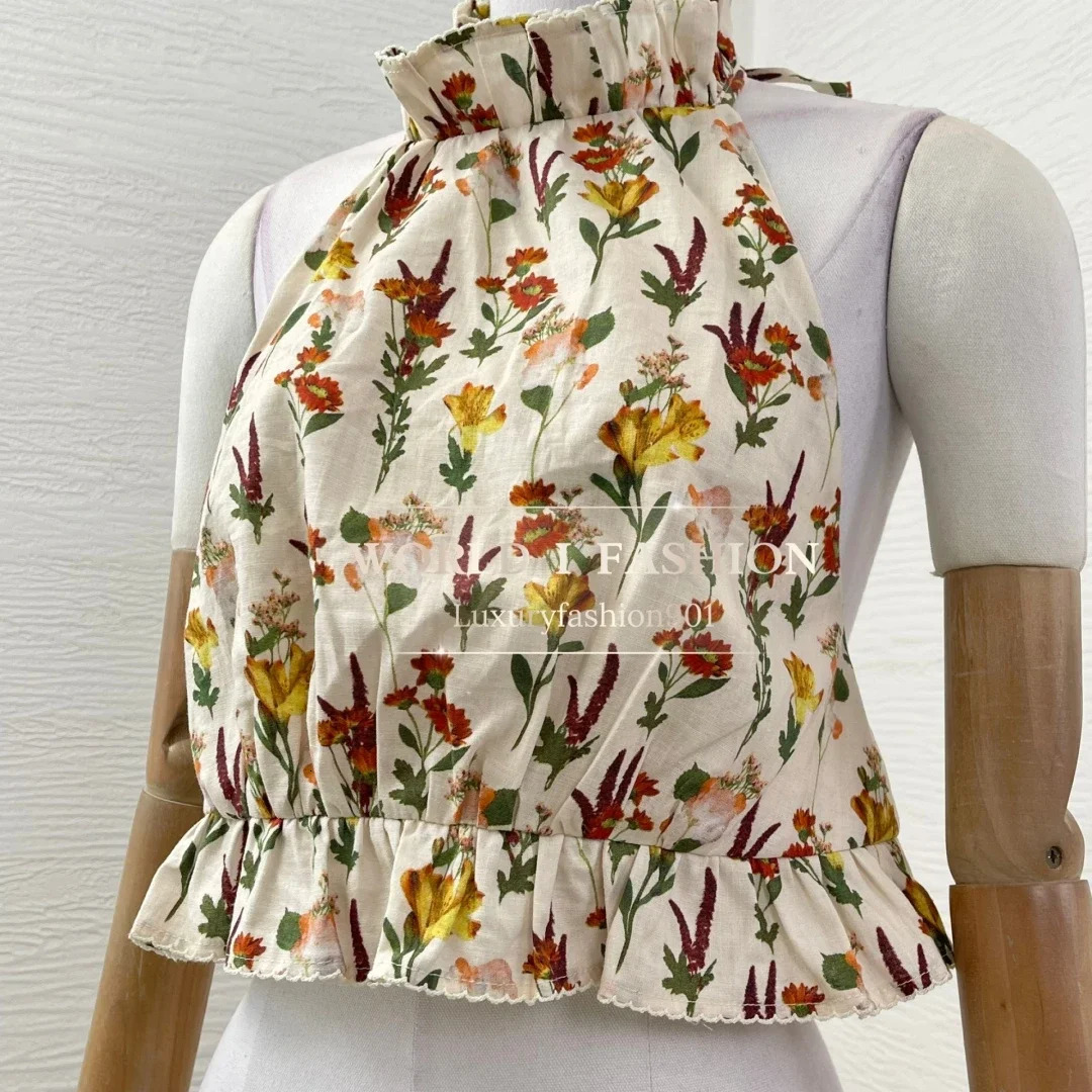 SS high-quality pure linen top and skin set beige ruffled floral print collar sleeveless suspender womens holiday set 250402