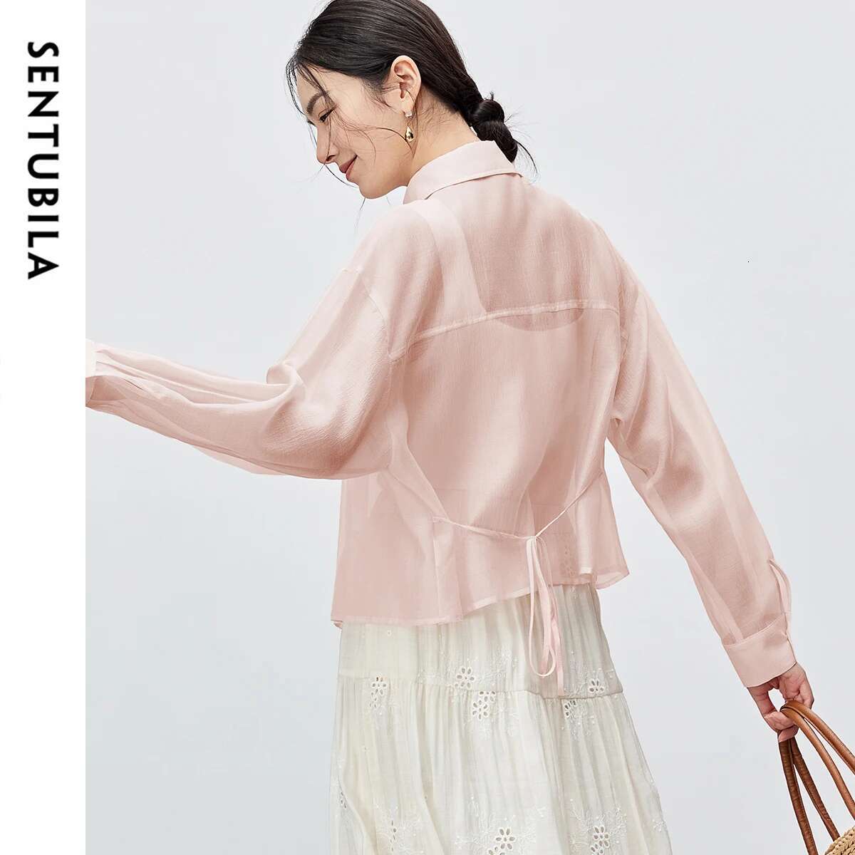 SENTUBILA Lyocell Women Shirt 2025 Spring Summer Lapel Neck Long Sleeve Crop Solid Pockets Lace-up Female Cozy Blouse 142C54323