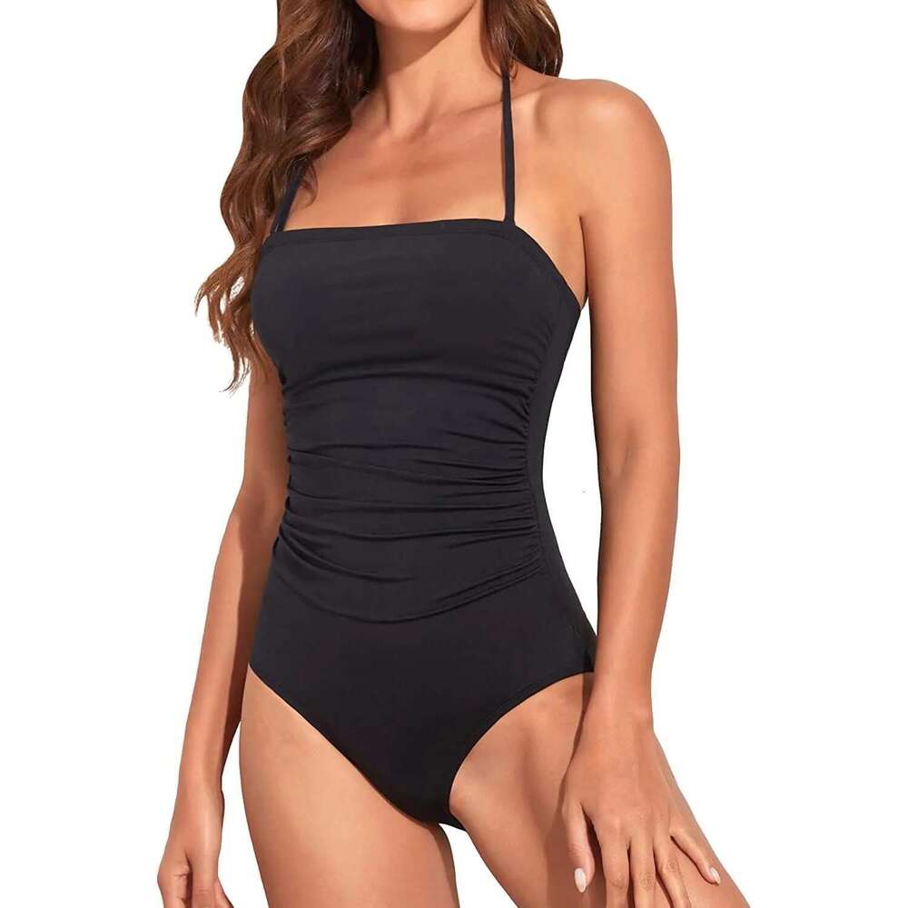 Sexy Bandeau One Piece Swimsuit 2025 Women Black Pleate Slimming Tummy Control Swimwear Summer Holiday Bathing Suit Monokini