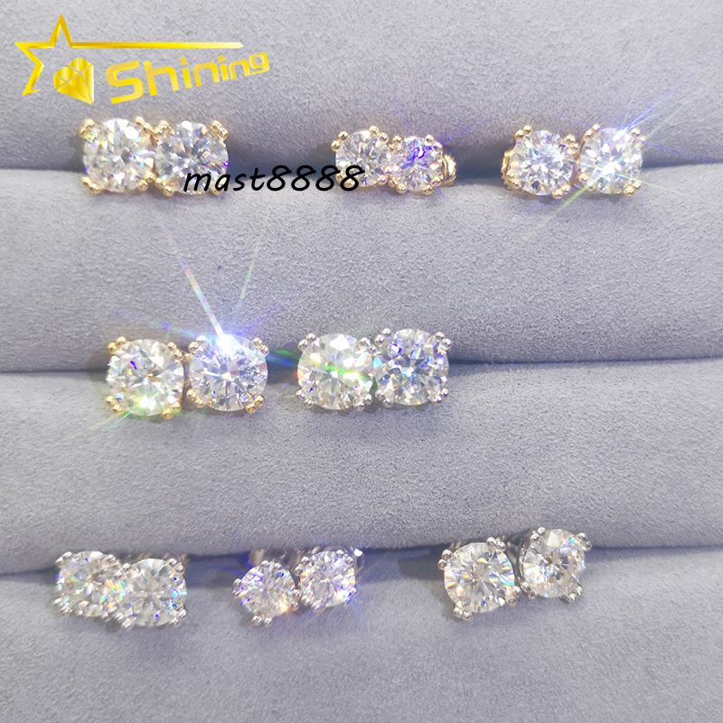 Hiphop Stud Earrings Sterling Silver 925 Jewellery 8 Prongs Screw Back Shining Moissanite Ring