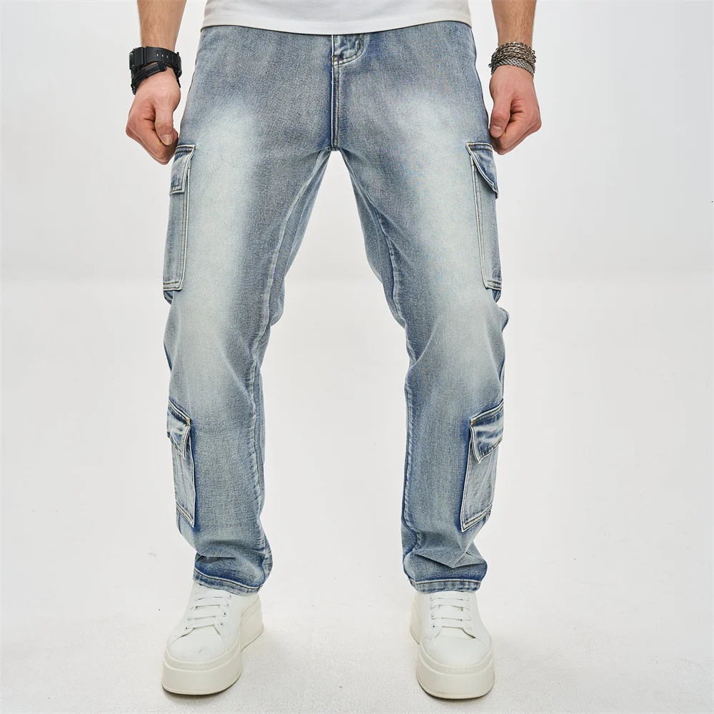 Fashionable multi pocket mens loose cargo jeans Trouser motorcycle solid carpenter casual straight 250401