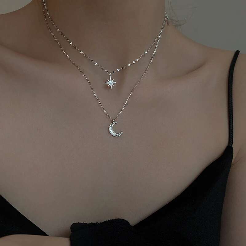 Hot S Sier Double Star Chain Layer Moon Clavicle Necklace Female Fashion Hip-hop Retro Unique Design Wedding Fine Jewelry