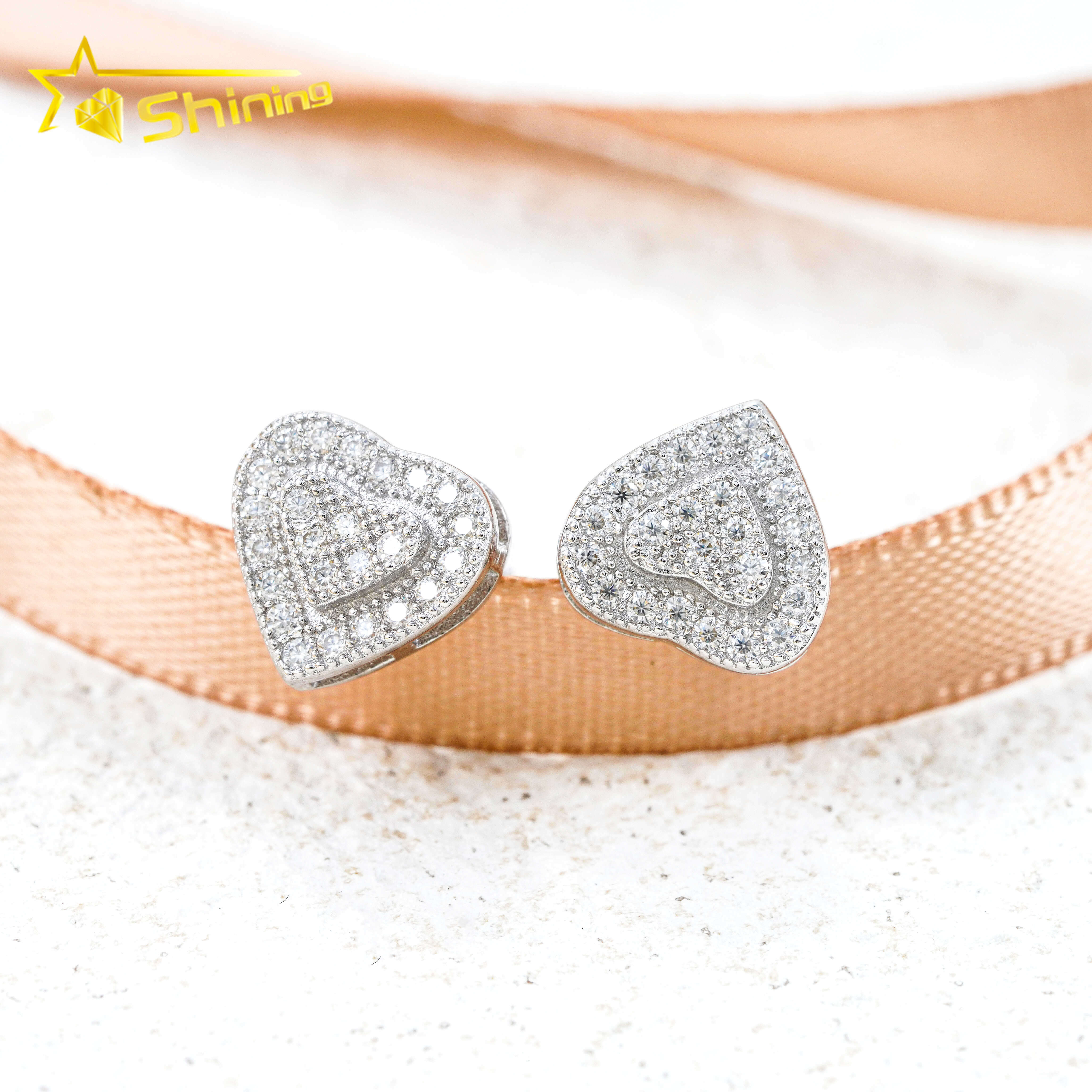 Bulk Stock Iced Out Man Earrings Heart Shape Moissanite Dia Screw Back Setting Hip Hop Stud Earring