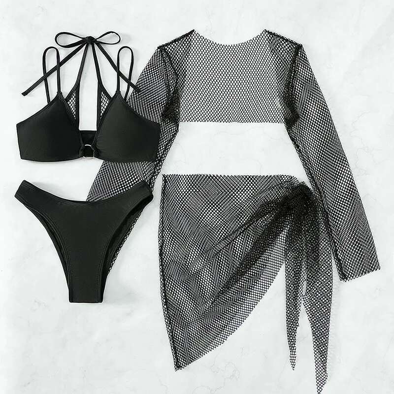Solid Color Swimsuit Women 2023 Black Long Sleeve Mesh 4 Piece Bikini High Waist V-neck Brazilian Bathing Suit Swimwear OLDL025