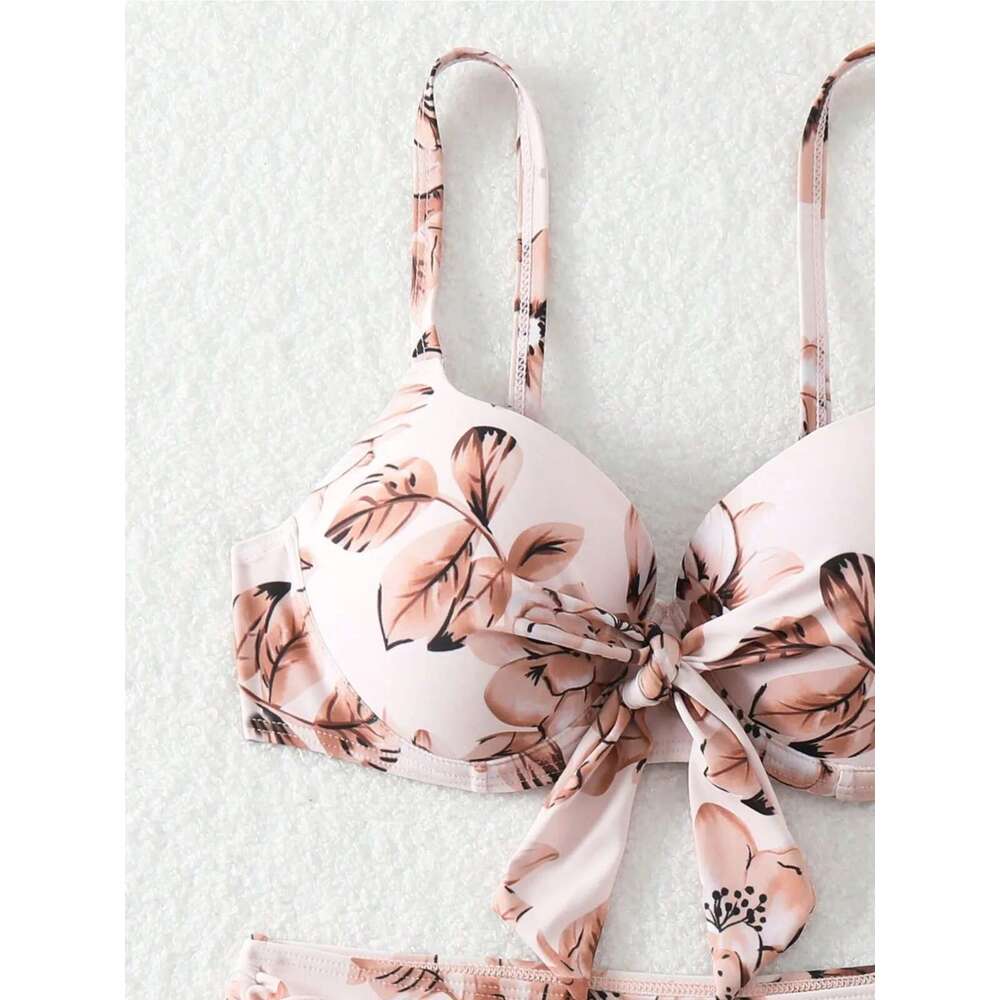 Women's wer Print Two Piece Swimsuit High Waist Lace-up V-neck Bikini Set Bow Suspender Backless Beach Vacation Swimwear 2024