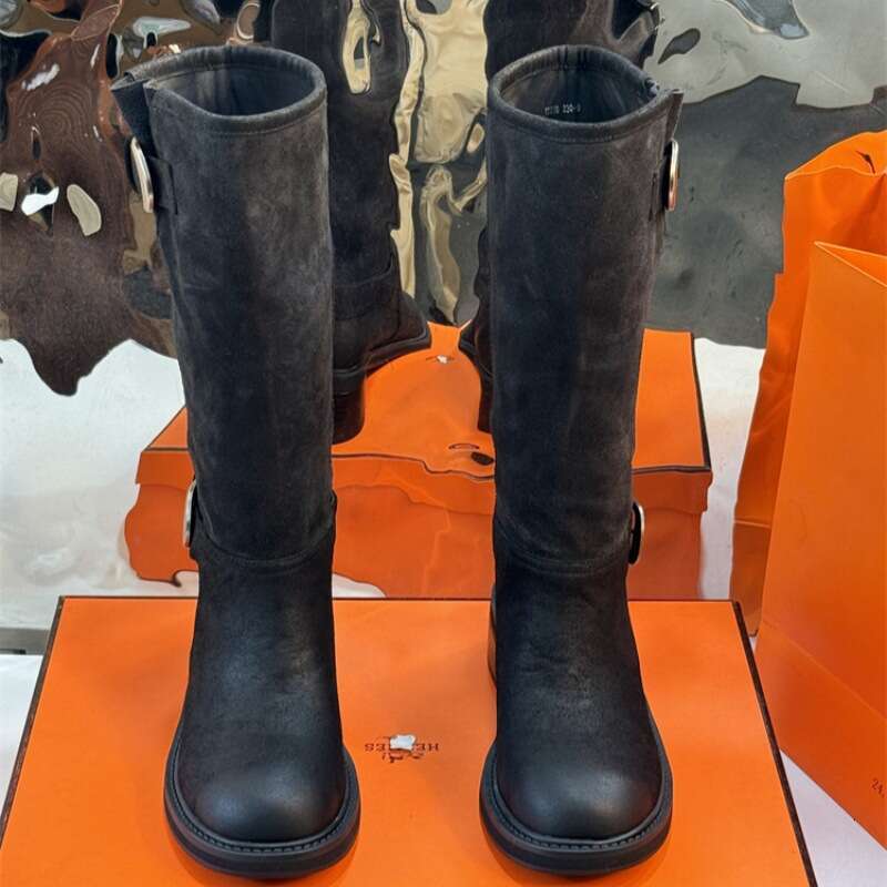 Brown Color Block Pleated Slouch for Women New Autumn Winter Long Tube Melad Designer Shoe High wide calf Boots botas para mujer