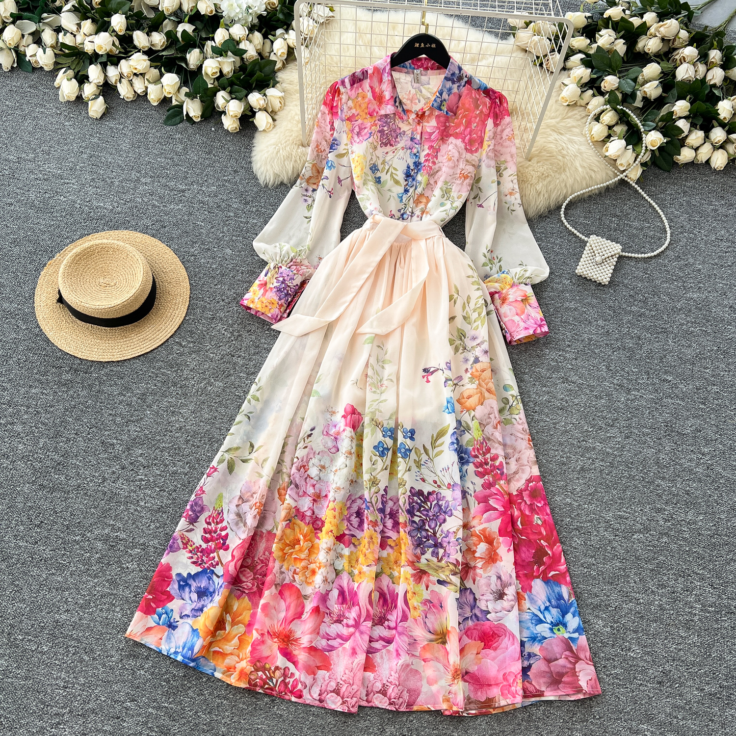 Two Piece Dress Summer Holiday Chiffon Gorgeous Flower 2 Piece Set Women Long Lantern Sleeve Shirt Blouse and High Waist A-Line Long Skirt Suit 2025