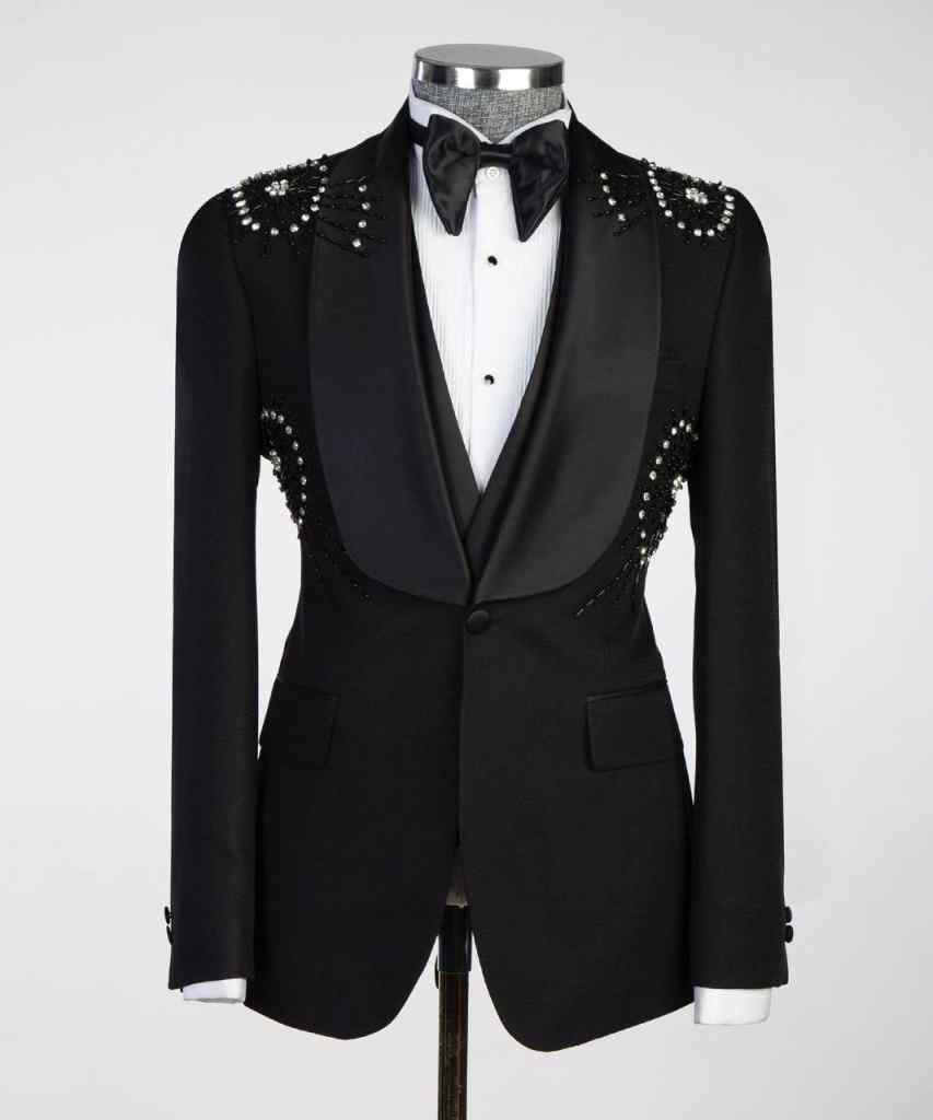Exquisite New Fashion One Piece Black Spring Summer Men Suits Set Blazer With Shawl Lapel Beads Sequins Customized Groom Wedding Tuxedo Formal Prom Ja
