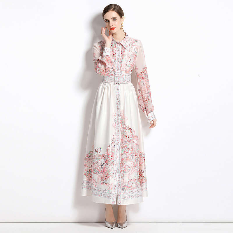 Cross-Border New Fashion In Stock Niche Design Women's Vintage Print Cardigan Single-Breasted Dress