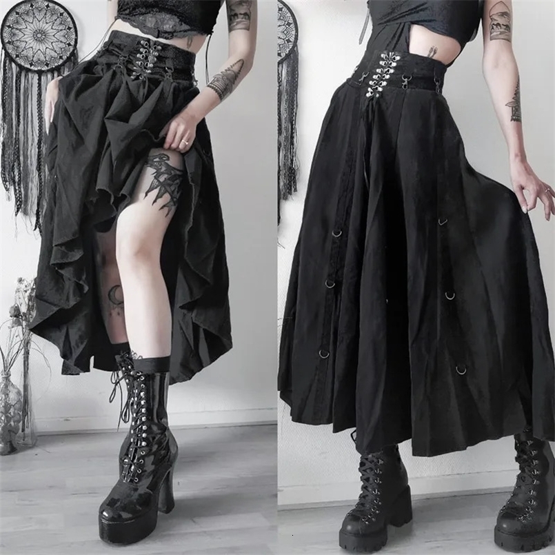 Goth Dark Acubi Fashion Black Swing Aline Skirt Punk Grunge Metal Buckle Streetwear Bandage Skirts Mall Gothic Alt Clother 251028ww
