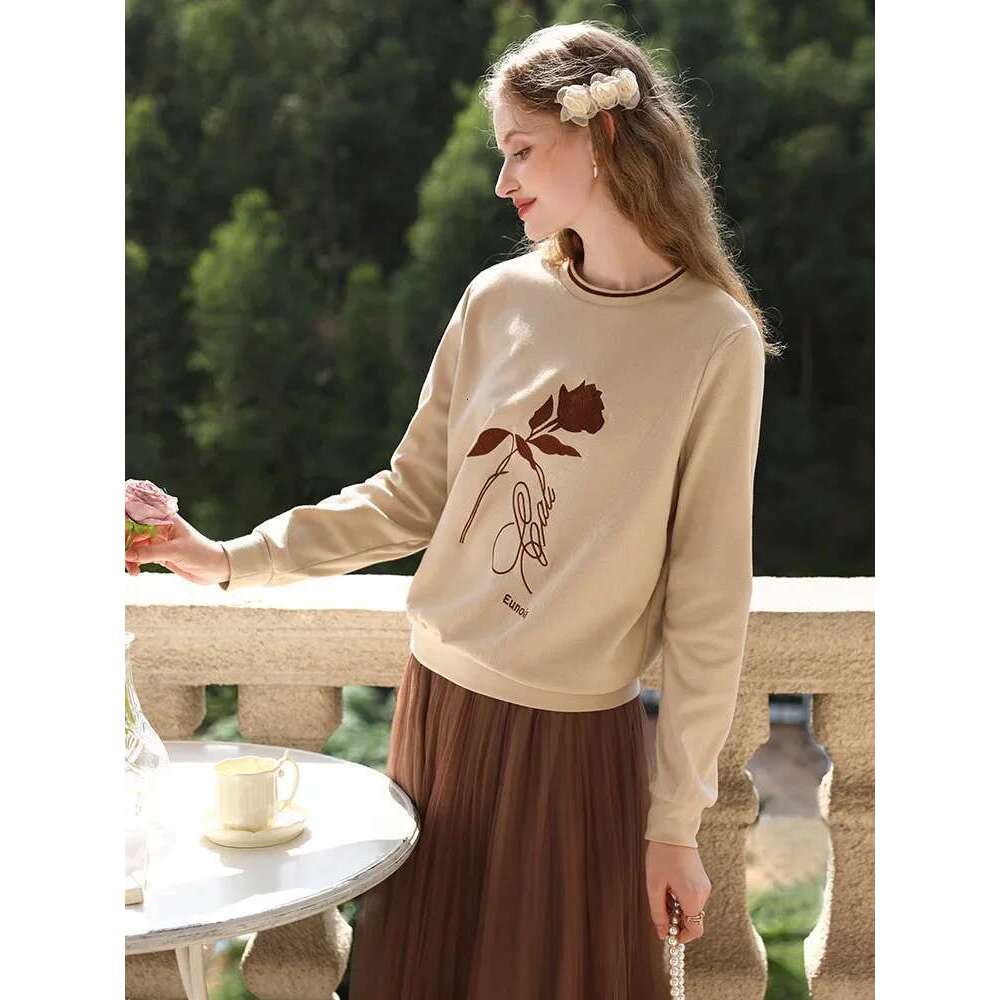 Khaki Hoodies Women Embroidery Lazy Wind Loose O-Neck Spring New Pullovers Unique Trendy Tops Lady