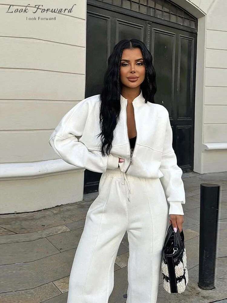 Casual Sweatshirt Pants Set Women Spring Autumn Zippers O-Neck Jacket Loose Lace-Up Elastic Waist Trousers Suits Lady Solid