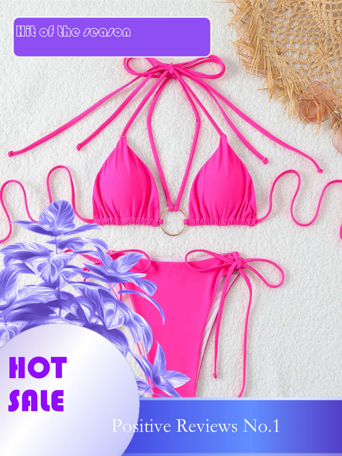 Dongdumaoyi Sexy Micro Bikini Women Hot Pink Metal Ring Linked Push Up Swimsuit Summer Bathing Suit Tie Side Thong Swimwear Biquini
