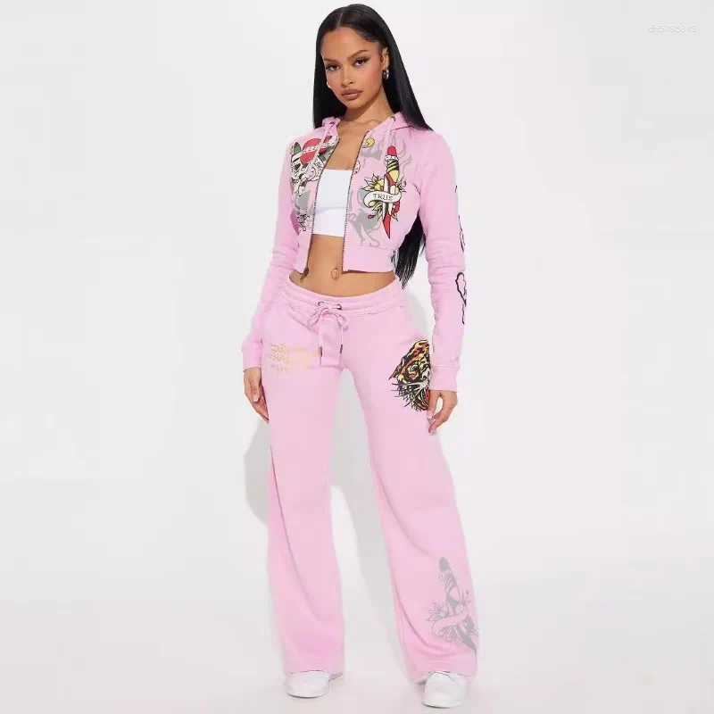 2026 Women's Tracksuit Trendy Street Skull Love Print Basic Zipper Short Cardigan High Waist Straight Trousers Two-piece Set For Women