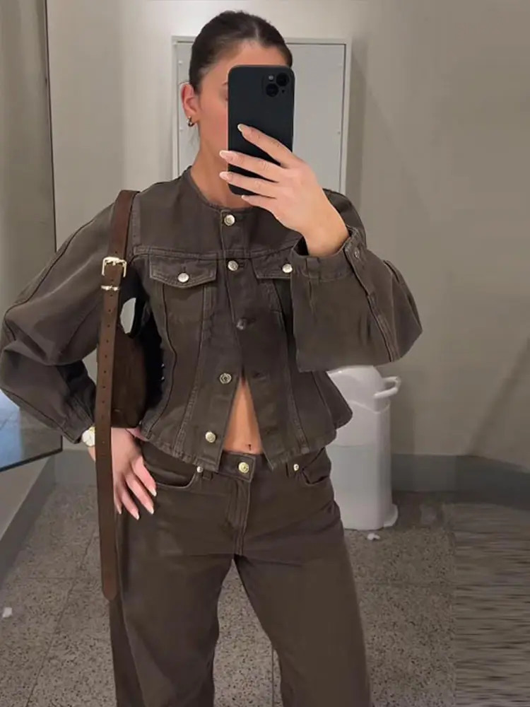 Denim jacket pants set for women long sleeved collar single corset wide leg mens Y2k womens jeans 2piece 250403