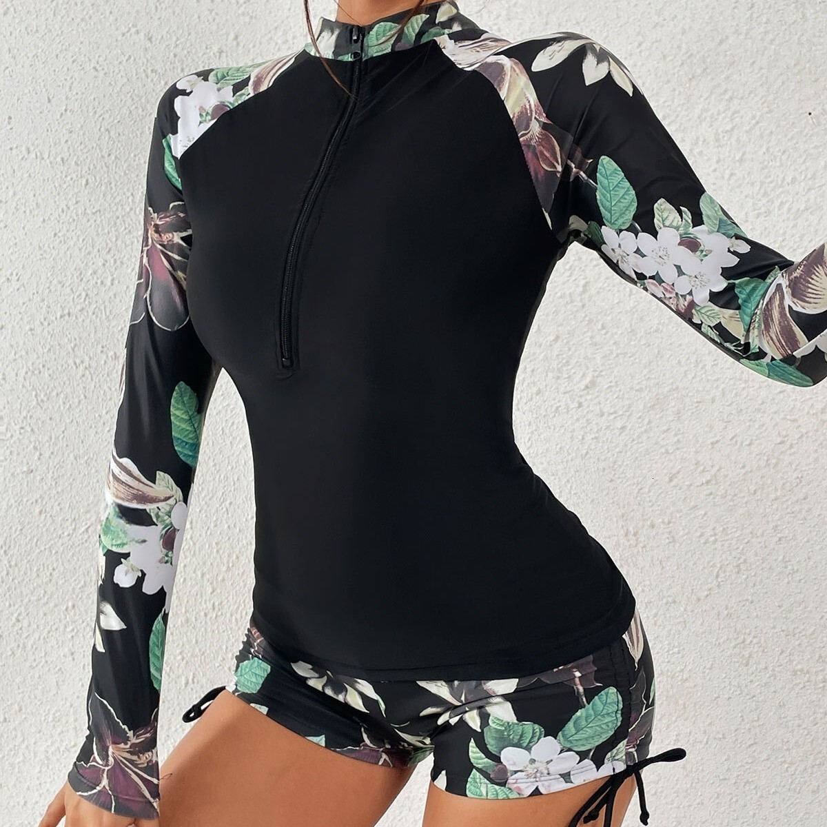 2025 new women's printed surfing suit long sleeved sunscreen with zipper conservative split swimsuit