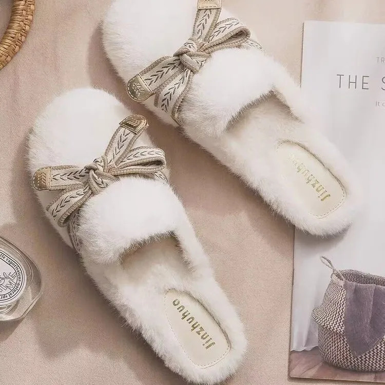 Bow Fur Flats Women Slippers Plush Slingback Mules Shoes Winter Home Cotton Casual Woman Flip-flops Trend Mujer Boots 251106