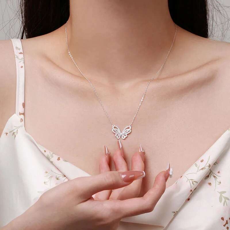 New Sterg Sier Shiny Full Zircon Butterfly Pendant Necklace O-Chain For Women Wedding Engagement Fine Jewelry Wholesale