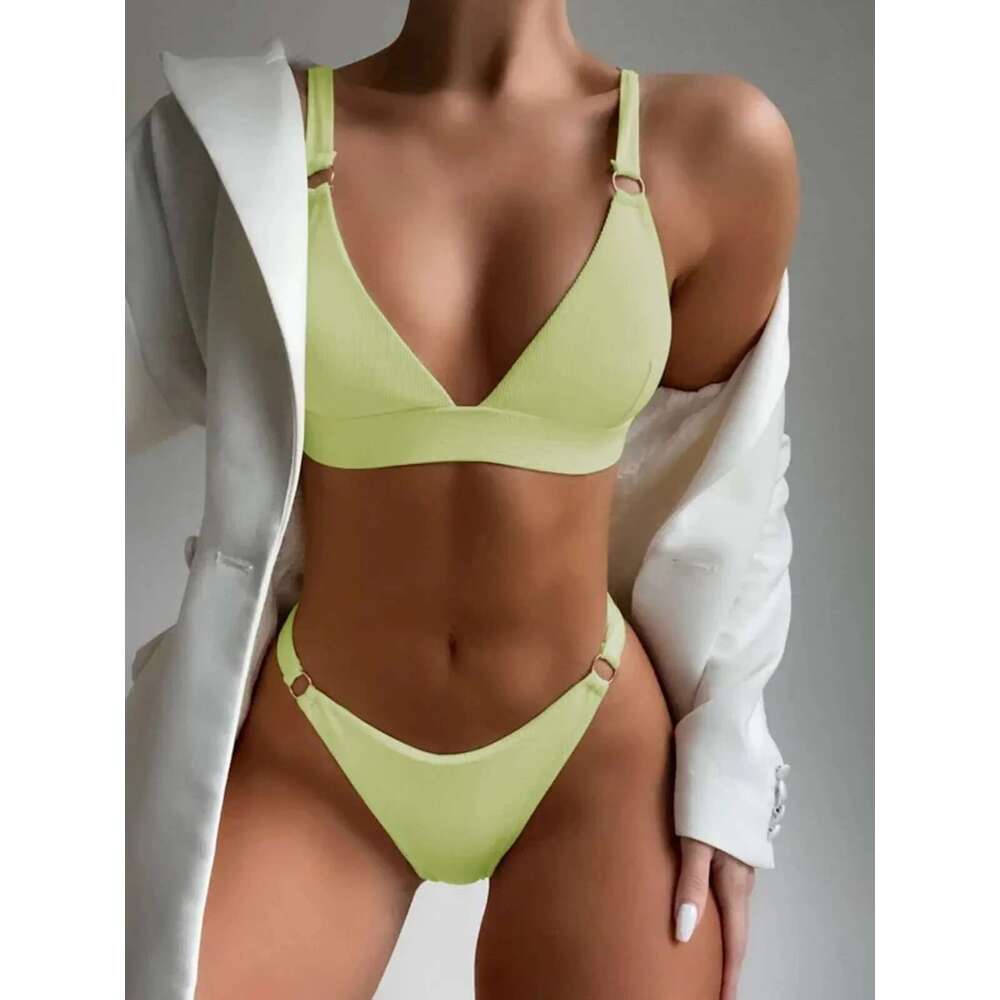 2025 Solid Color 2-piece Swimsuit Women,Classic Basic Style,3-point Bikini,V-neck Suspender Backless Swimwear,summer Beachwear