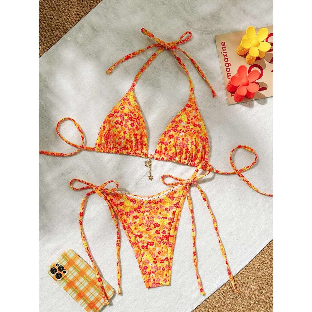 Sexy Orange ral Print Bikini 2025 Metal wer Designer Push Up Micro Swimsuit Brazilian Bathing Suit Tie Side Thong Swimwear