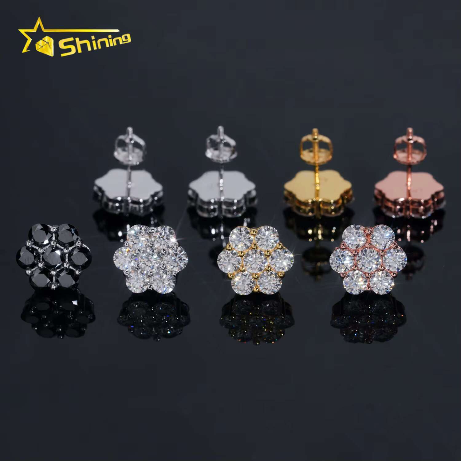 Hot Sale Trendy 12mm Cluster Flower Screw Back Stud Earrings Sier Gold Plated Black Moissanite Pass Dia Tester Earring