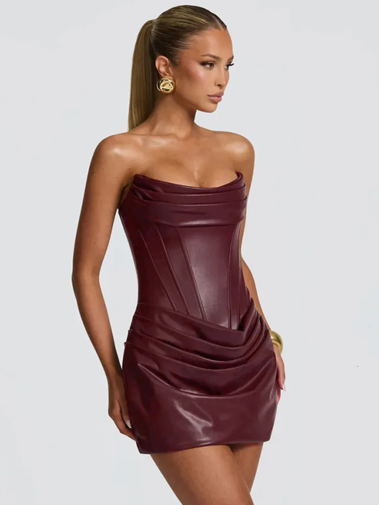 Mozision PU Leather Off-Shoulder Strapless Mini Dress - Sleeveless Ruched Backless Club Party Gown for Women C260312