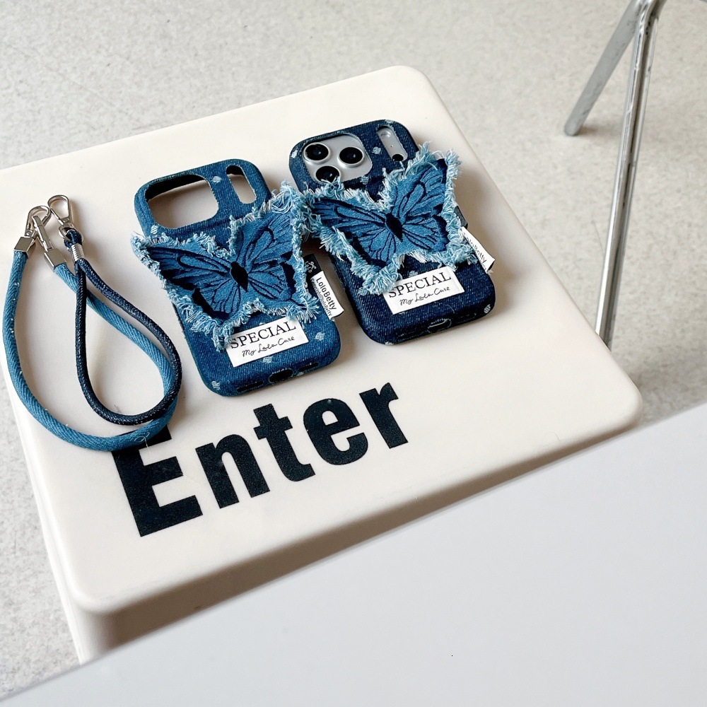 Denim Blue Butterfly Patch Phone Case Compatible with iPhone 17/16 Pro Solid Color Lanyard iPhone 15/14 Niche