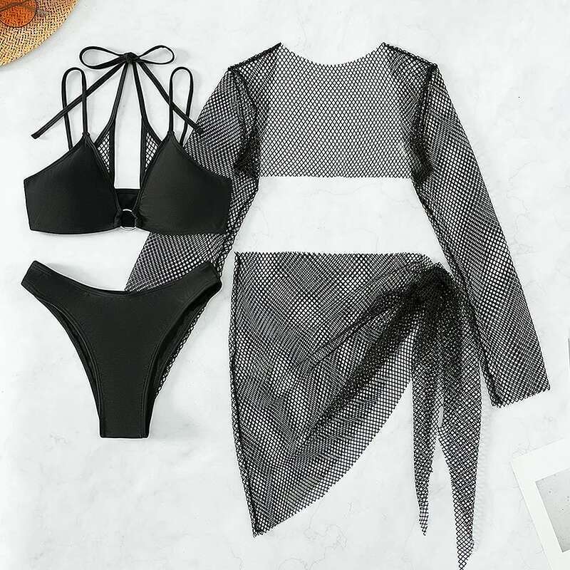 Solid Color Swimsuit Women 2023 Black Long Sleeve Mesh 4 Piece Bikini High Waist V-neck Brazilian Bathing Suit Swimwear OLDL025